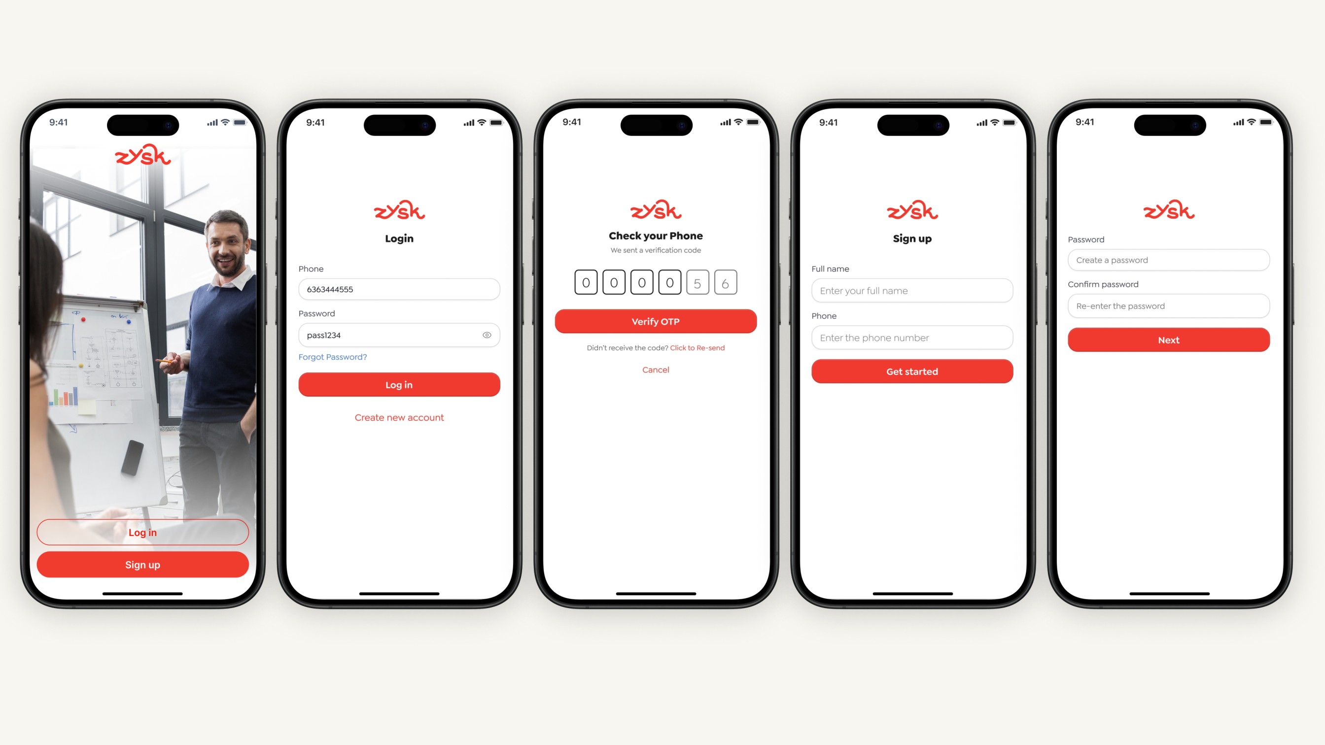 Mobile screens displaying an onboarding process with simple icons and steps.